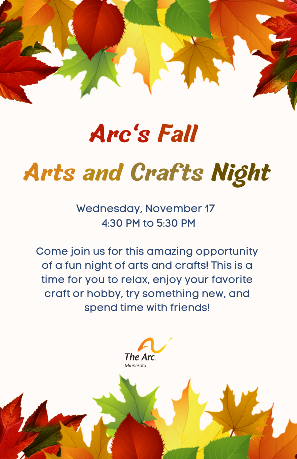 Flyer with fall leaves: Arc's Fall Arts & Crafts Night