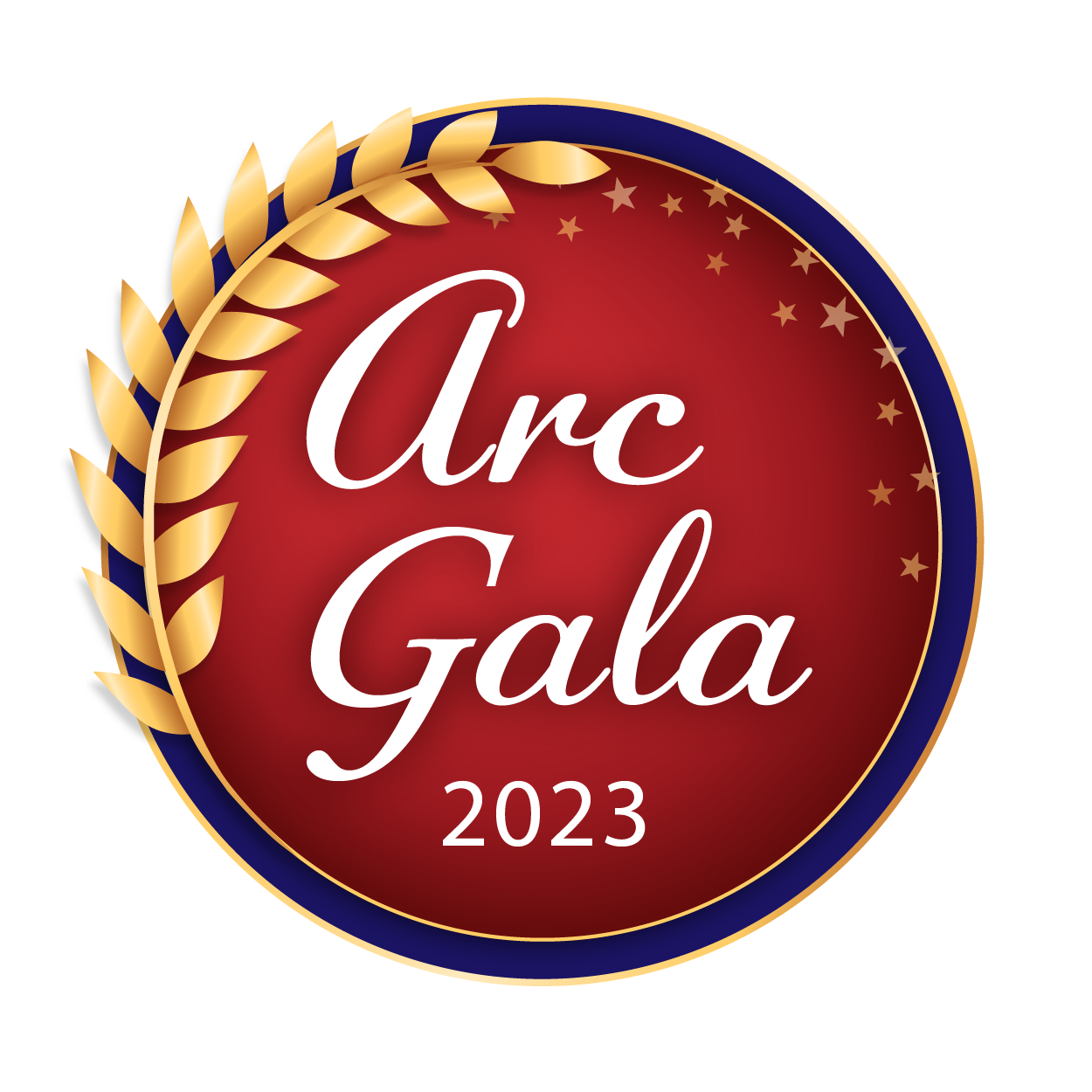 the 2023 Arc gala logo. It is a red circle outlined with blue and gold. There are stars and laurels framing it.